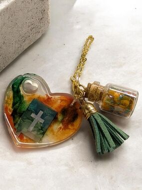 Handmade Heart Resin Keychain with Tassel & Mini Bottle